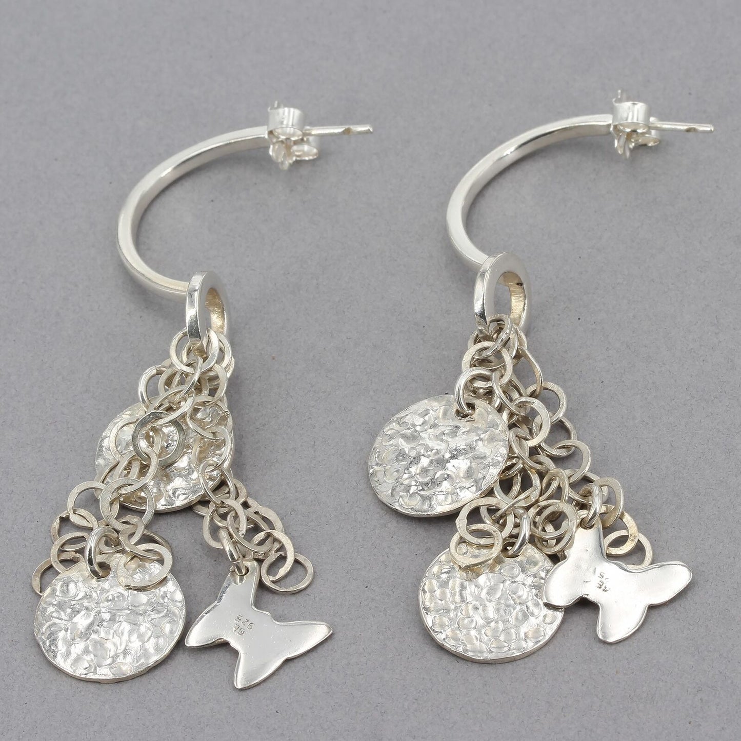 Unique Sterling Silver Hammered Disc Butterfly Multi Chain 3" Dangle Earrings