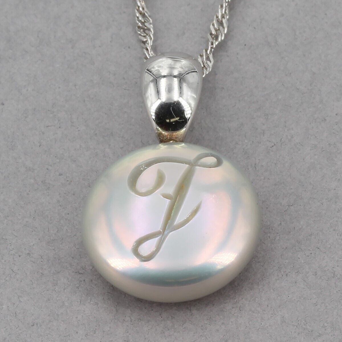 Sterling Honora Gray Coin Pearl Carved Initial "J" Pendant 18" Singapore Chain