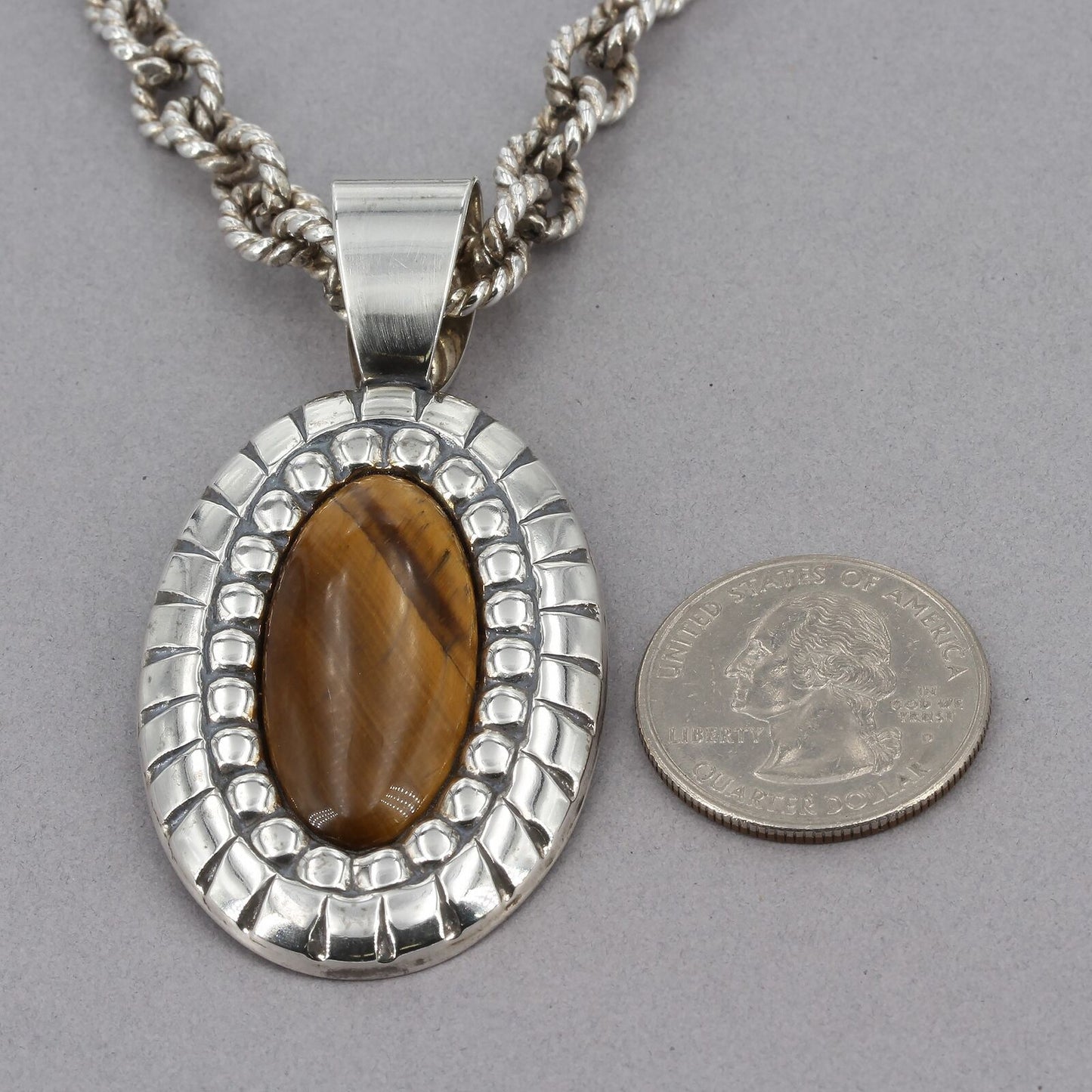 Carolyn Pollack Heavy Sterling Cable Link Chain Necklace with Tigers Eye Pendant