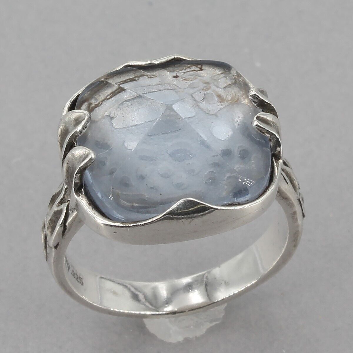 Retired Silpada Sterling Silver Etched Blue/Gray Glass Ring R2234 Size 7