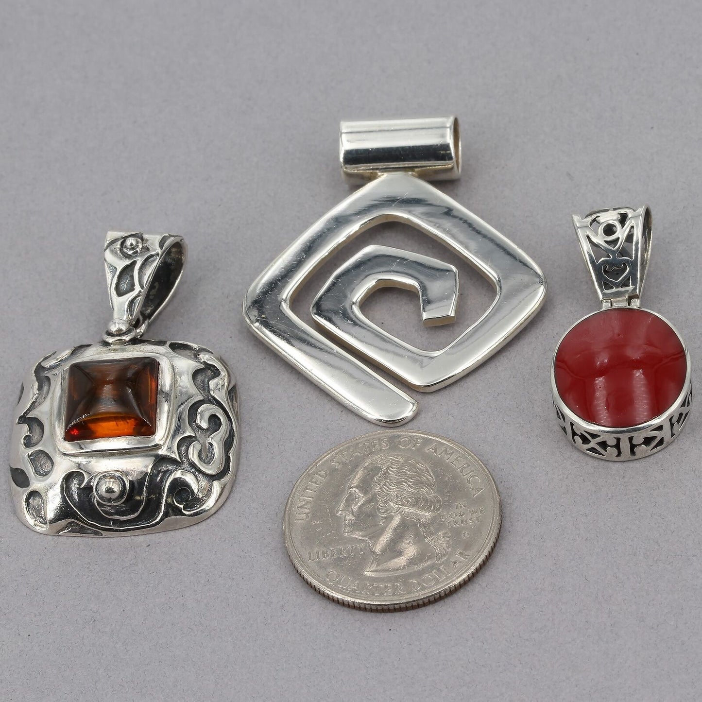 Lot of 3 Retired Silpada Sterling Pendants Red Inlay Geometric Maze Amber Scroll