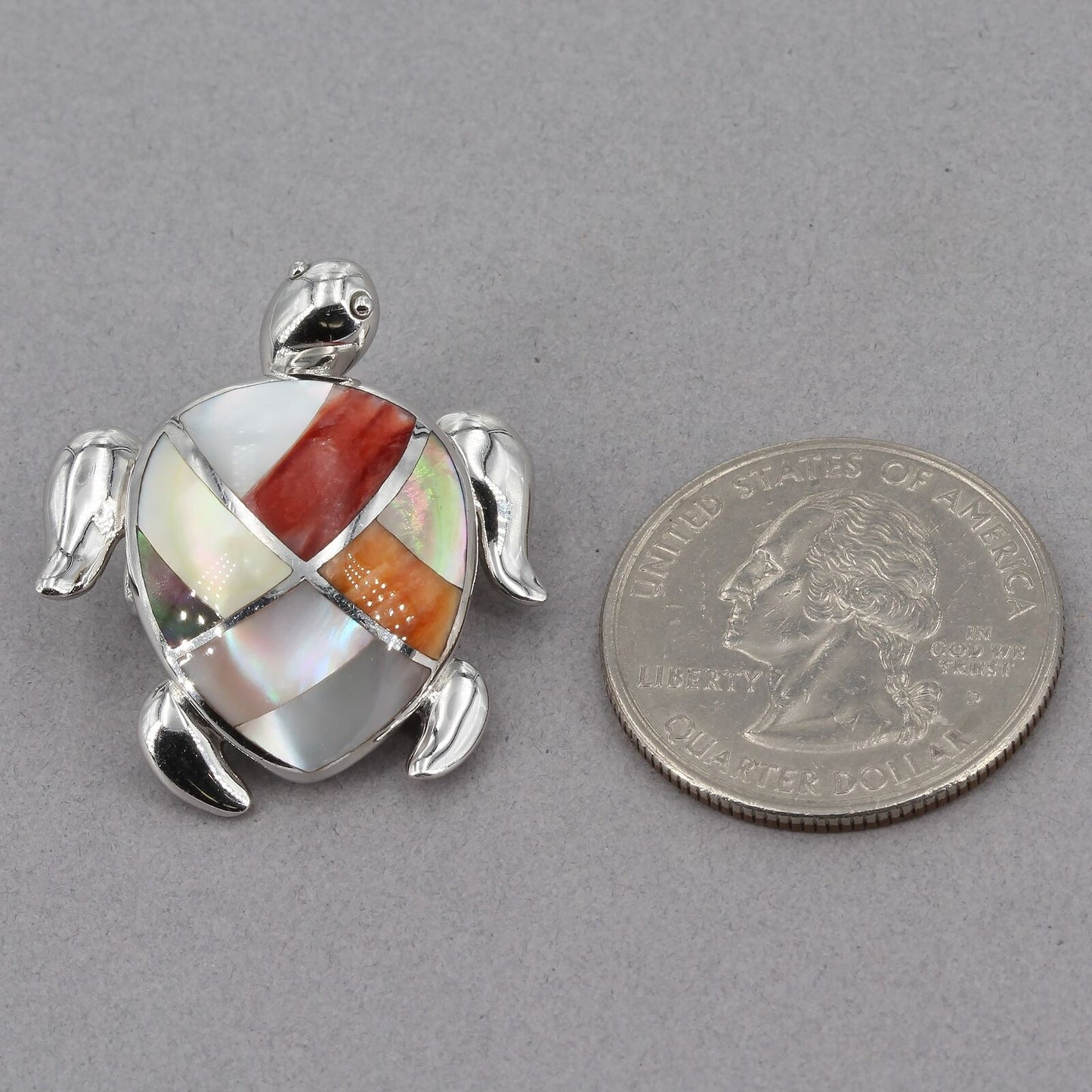 Sterling Silver Mother of Pearl & Spiny Oyster Shell Inlay Turtle Slide Pendant