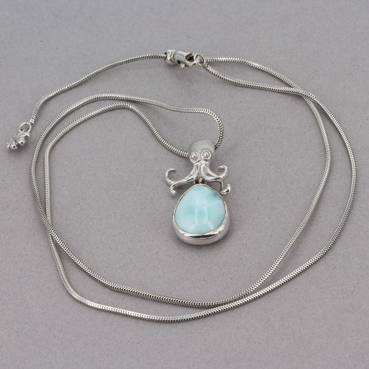 Marahlago Sterling Larimar Pygmy Octopus Pendant Adjustable Snake Chain Necklace