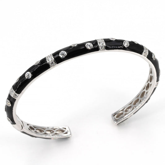 Hidalgo Sterling Silver Black Enamel CZ Accent Kick-Hinged Cuff Bracelet