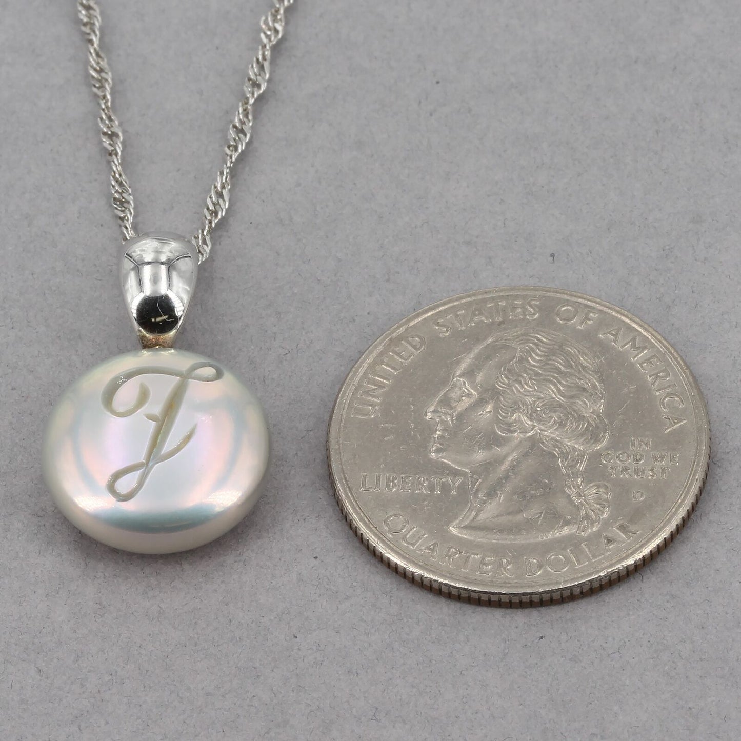 Sterling Honora Gray Coin Pearl Carved Initial "J" Pendant 18" Singapore Chain