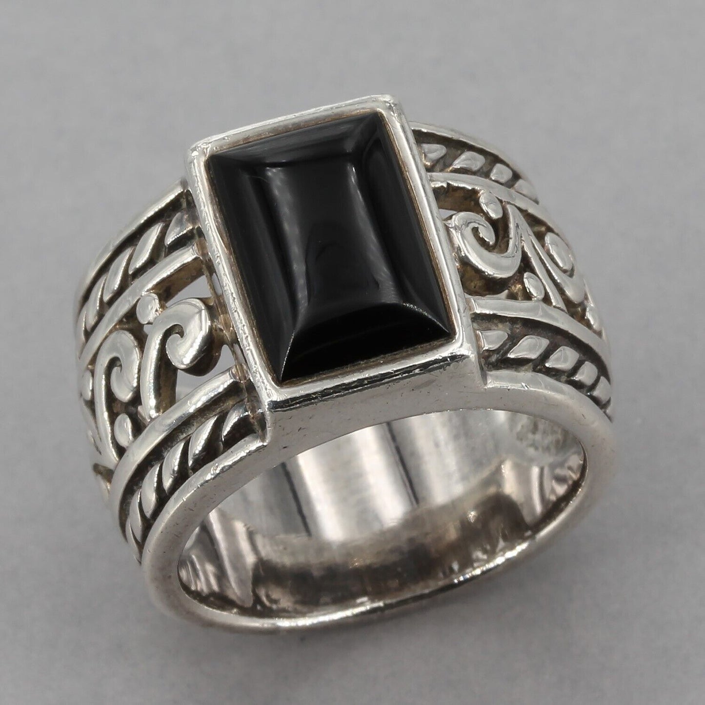 Vintage Silpada Sterling Silver Black Onyx Rope & Scroll Wide Ring R1096 Sz 9.5+