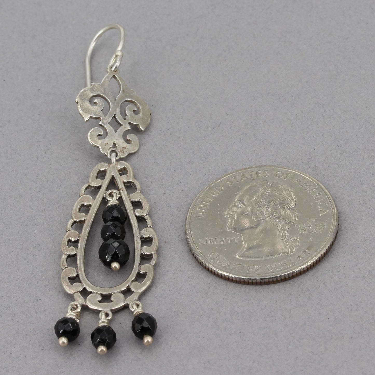 Retired Silpada Sterling Black Agate Bead Fleur de Lis Chandelier Earrings W2308