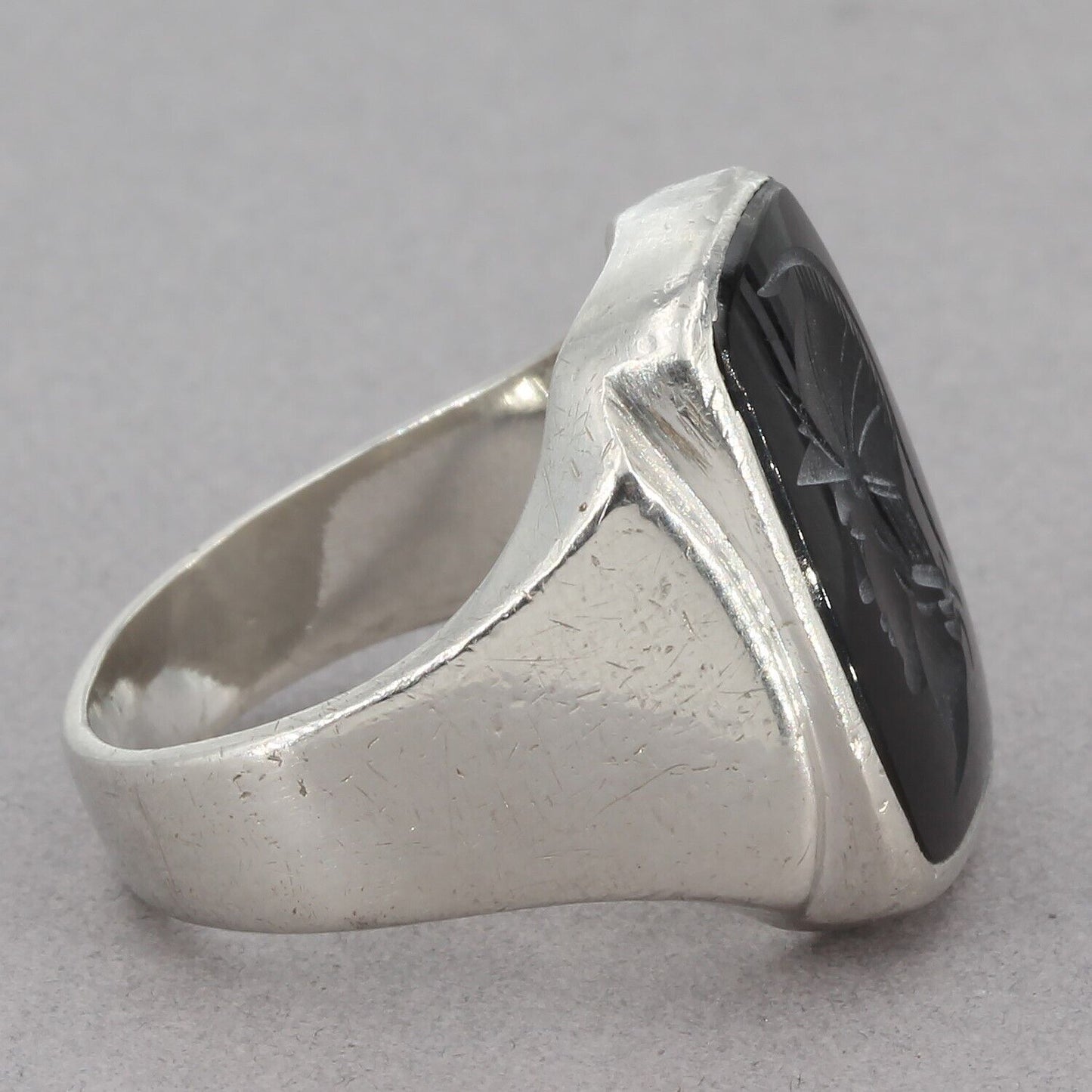 Antique Sterling Silver Carved Centurion Intaglio Black Onyx Ring Size 7+