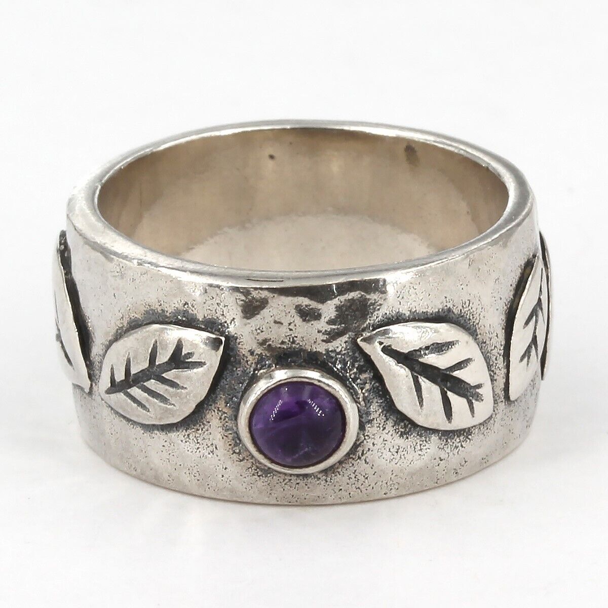 Retired Silpada Sterling Textured Leaf Amethyst Cabochon Band Ring R1445 Sz 6.75