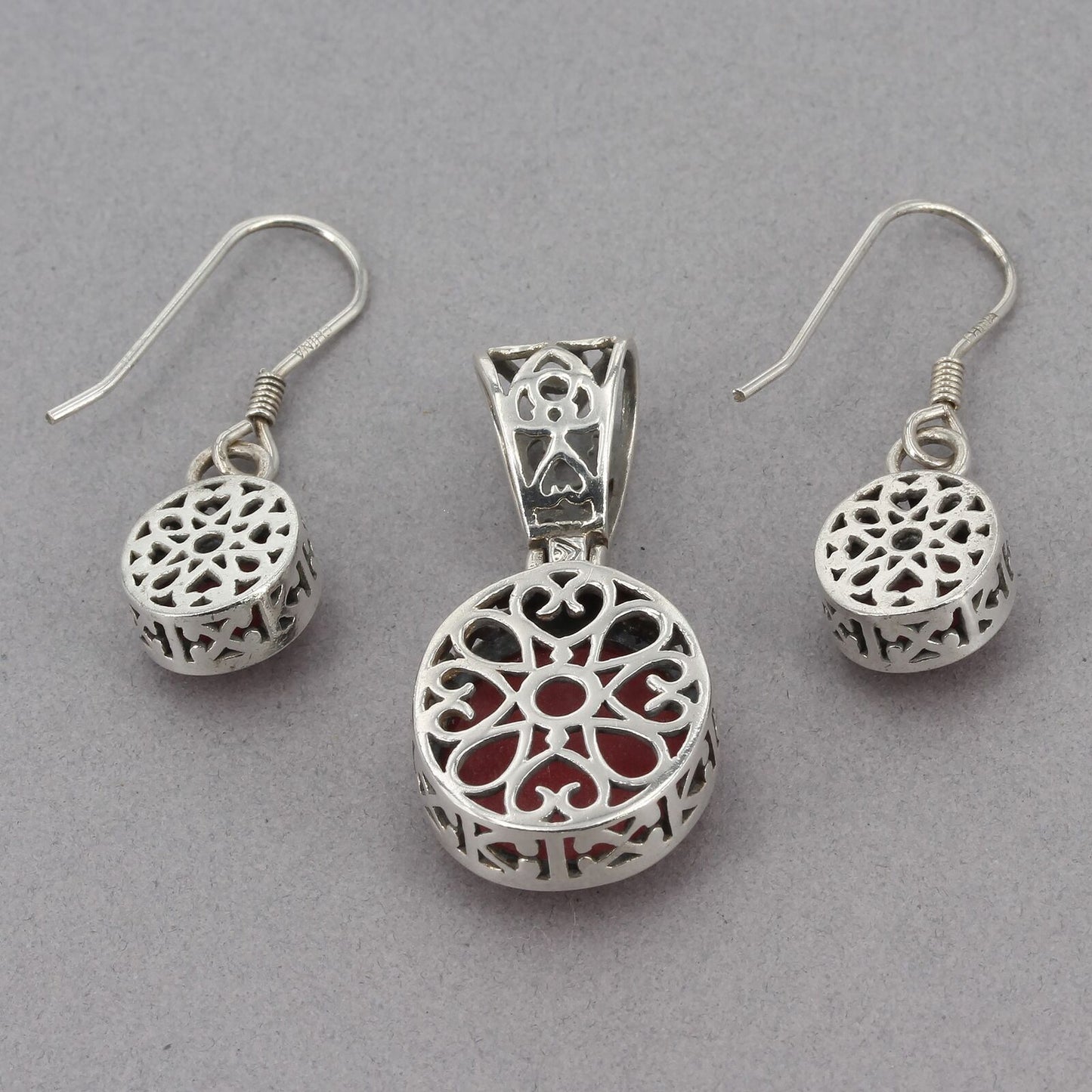 Retired Silpada Sterling Silver Oval Red Inlay Pendant Earrings Set S1300 W1298