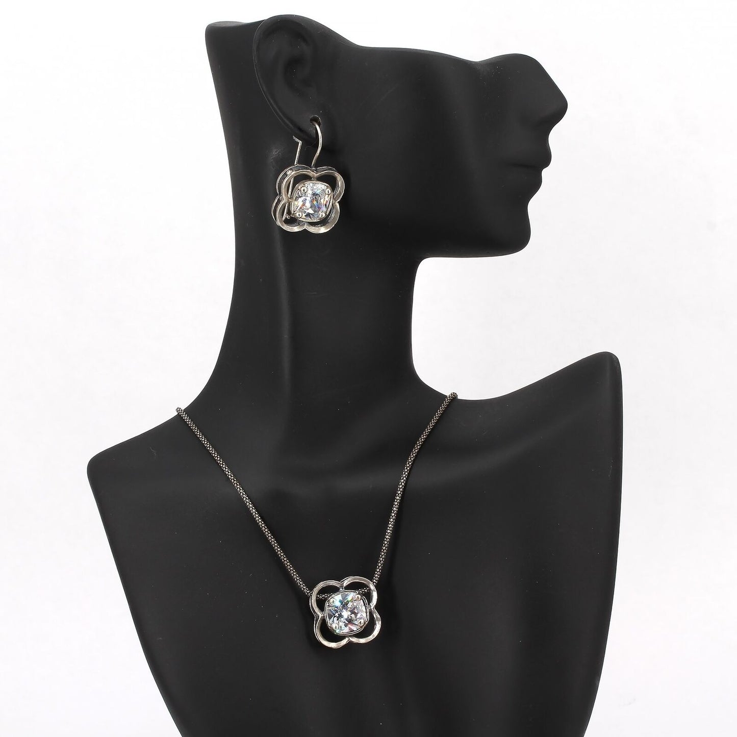 Retired Silpada Sterling CZ 4-Petal Flower Necklace & Earrings Set N1411 W1399