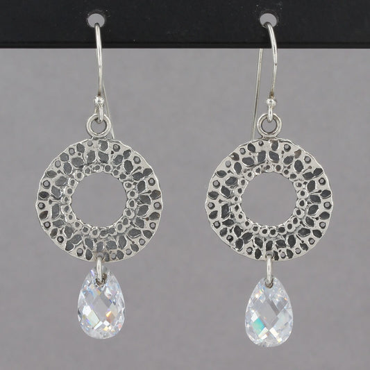 Retired Silpada Textured Sterling Circle with CZ Briolette Dangle Earrings W1520