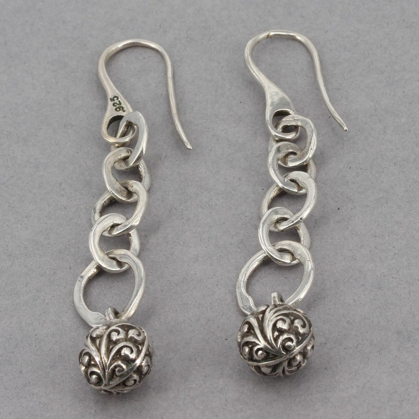 Lois Hill Sterling Silver Chain Link Scroll Design Ball 2-3/8" Dangle Earrings