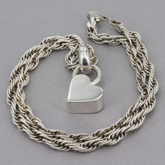 Heavy Diamond-Cut Thick Sterling Silver Rope Chain w/ Chunky Heart Pendant 43.7g