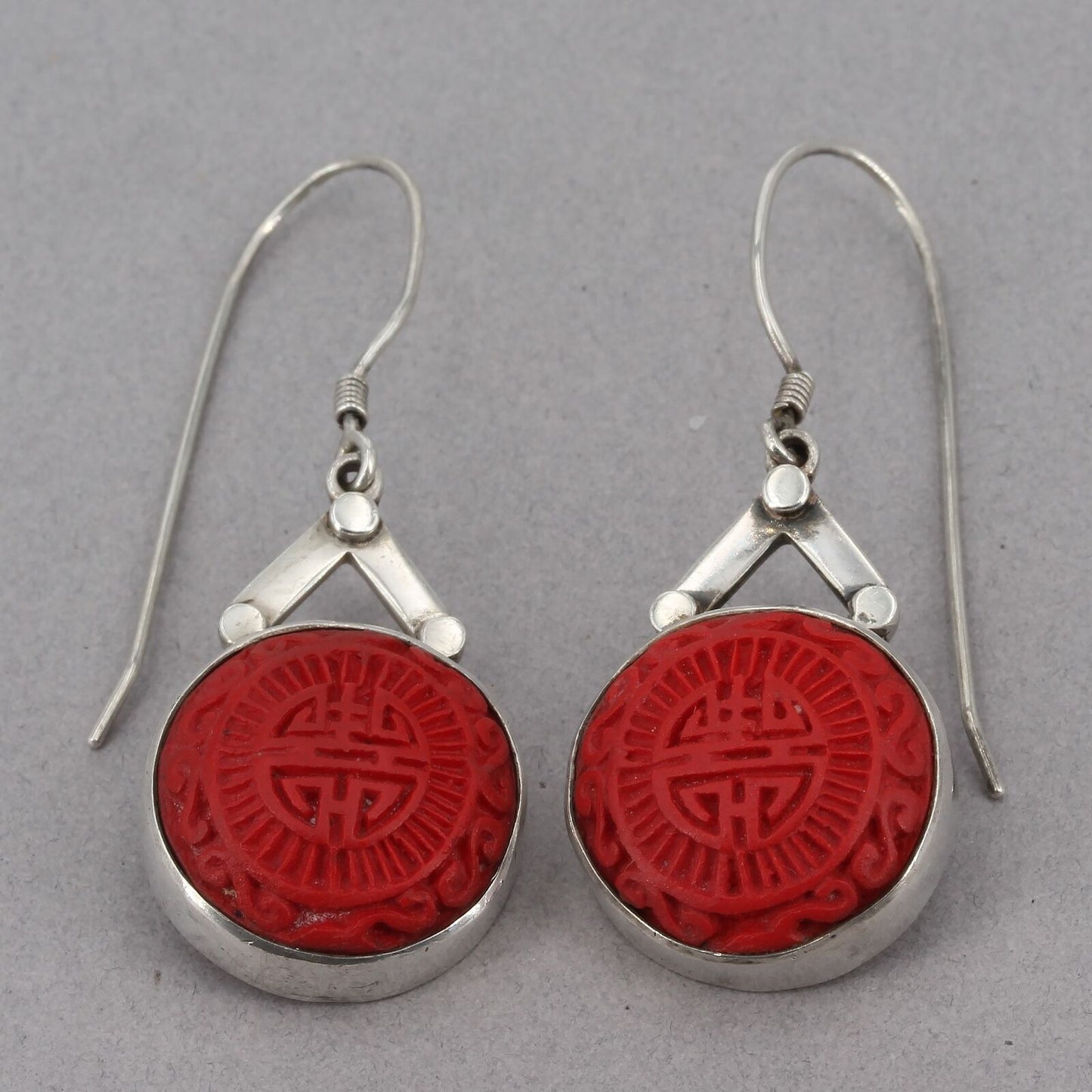 SAJEN Handcrafted Sterling Silver Carved Cinnabar "Longevity" Dangle Earrings