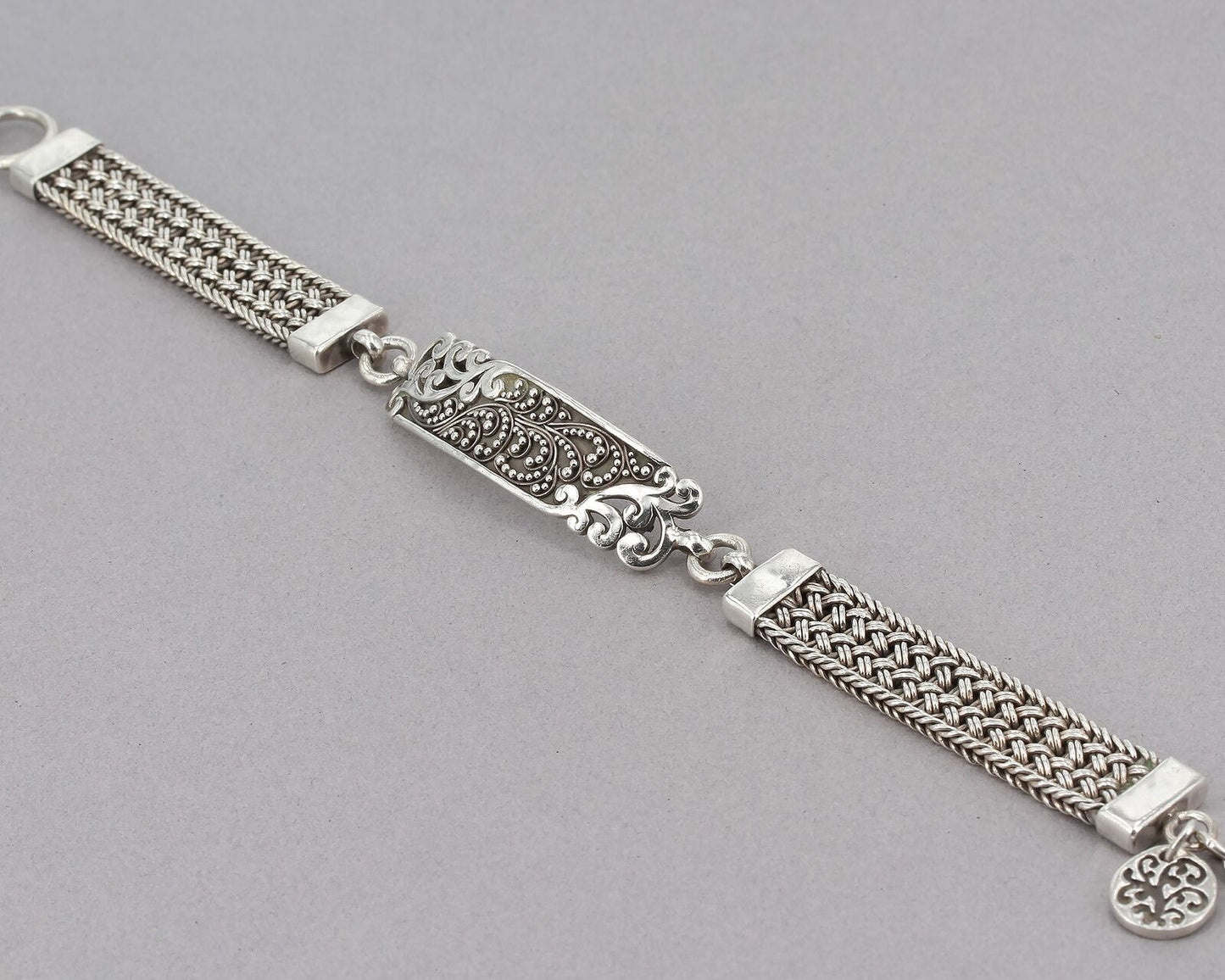 Lois Hill Oxidized Sterling Silver Granulated Scroll Thai Weave Toggle Bracelet