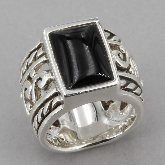 Vintage Silpada Sterling Silver Black Onyx Rope & Scroll Wide Ring R1096 Sz 5.75