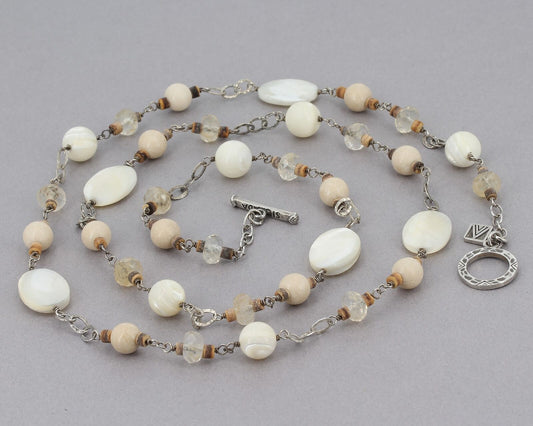 Retired Silpada 38" Sterling Mother of Pearl Riverstone Coco Bead Necklace N1504