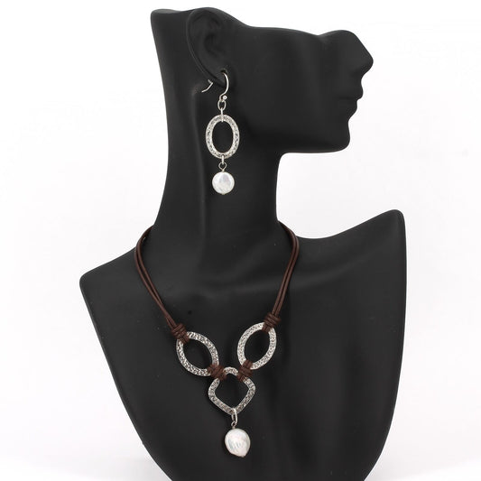 Retired Silpada Sterling Leather Coin Pearl Necklace & Earrings Set N1257 W1253