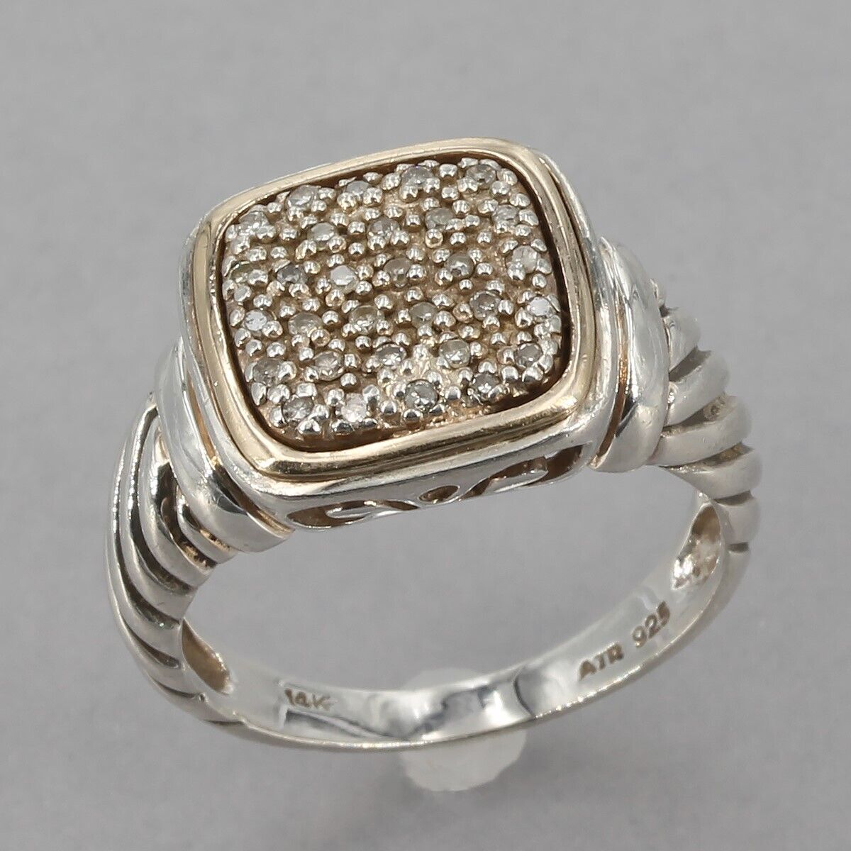 ATR Sterling Silver with 14K Yellow Gold Bezel Pave Diamond Ring Size 6.75