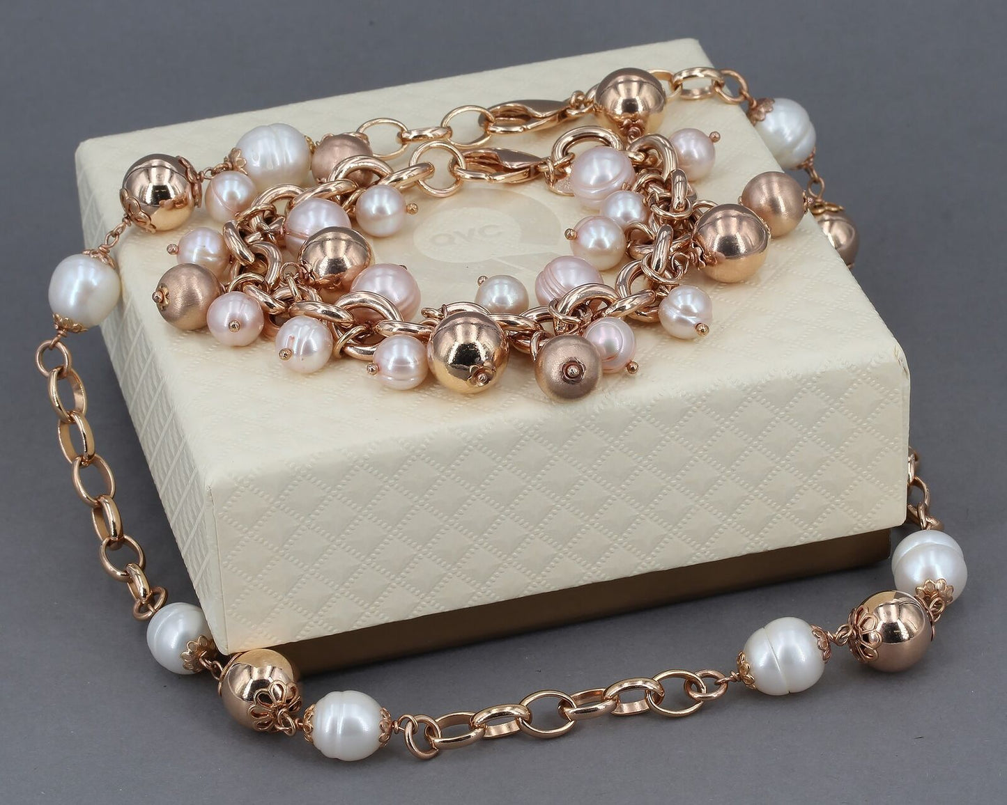 Bronze Honora Freshwater Pearl Station 18" Necklace & 8" Cha-Cha Charm Bracelet