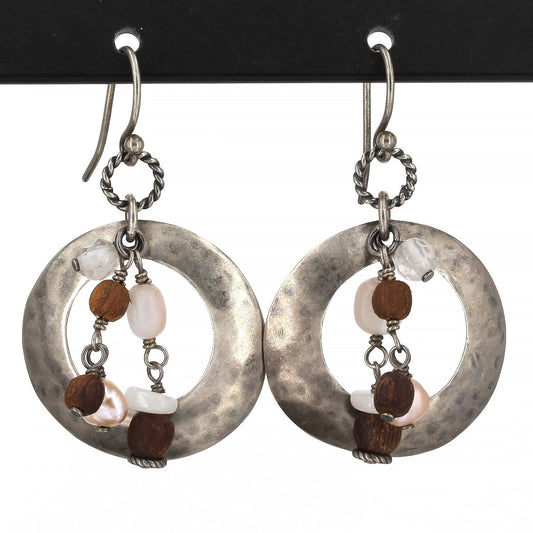 Retired Silpada Hammered Sterling Rose Quartz Wood & Pearl Dangle Earrings W1429