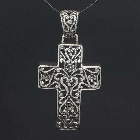 Carolyn Pollack Sterling Silver Floral Heart Filigree Scroll Cross Pendant 2.25"