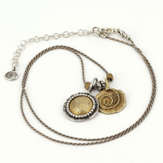 Retired Silpada Sterling & Brass DAWN TO DUSK Textured Disc Charm Necklace N3338