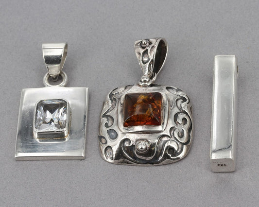 Vintage Silpada Sterling Silver Amber CZ & Bar Pendant Lot S0474 S0908 S0296