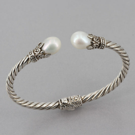 Bali Design 6" Sterling Silver Freshwater Pearl Hinged Cable Cuff Bracelet