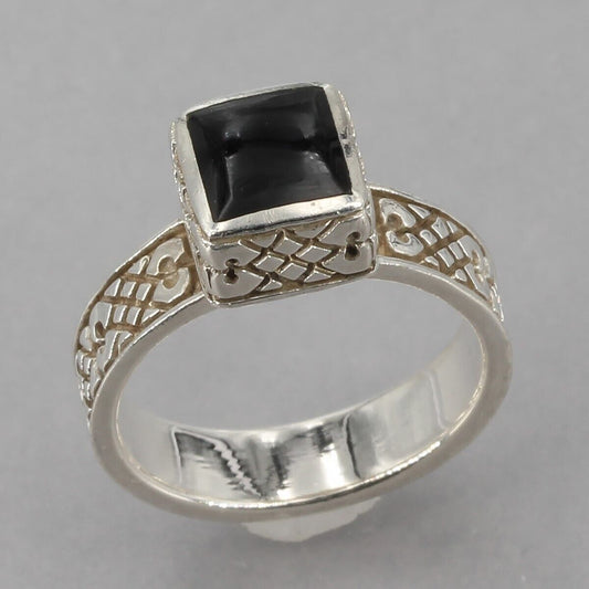 Retired Silpada Sterling Square Black Onyx Inlay Etched Band Ring R0945 Sz 4.75