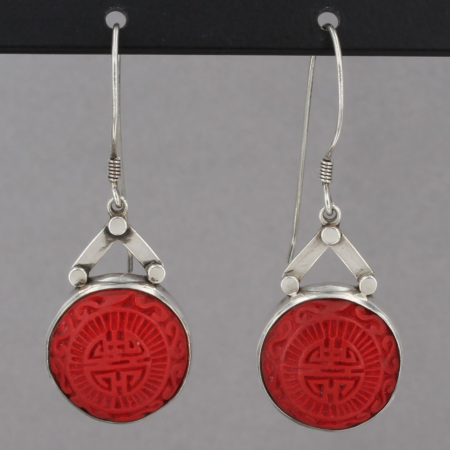 SAJEN Handcrafted Sterling Silver Carved Cinnabar "Longevity" Dangle Earrings