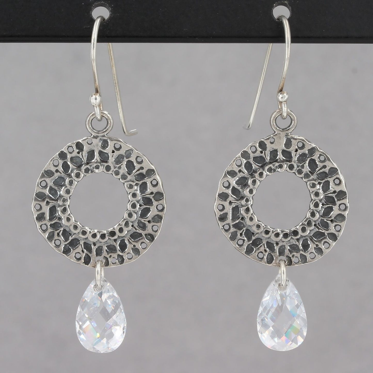 Retired Silpada Textured Sterling Circle with CZ Briolette Dangle Earrings W1520