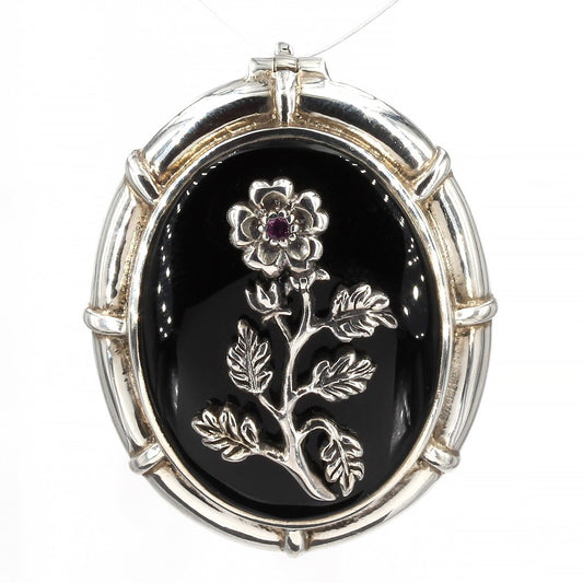 Pranda Sterling Silver Oval Black Onyx Flower w/Ruby Accent Pin Enhancer Pendant