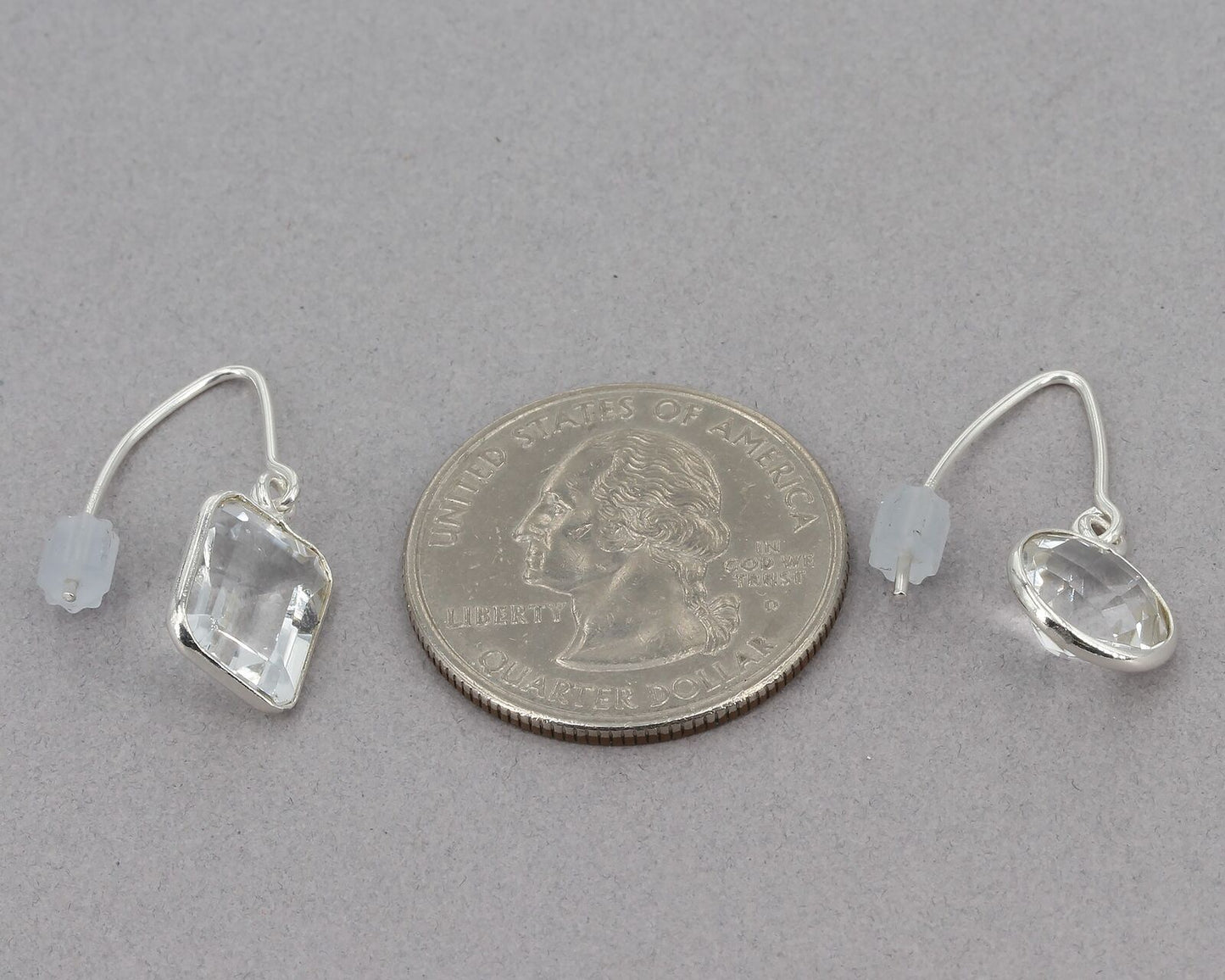 2 Pair Sterling Silver Herkimer Quartz Dangle Earrings ~ Round & Emerald Cut