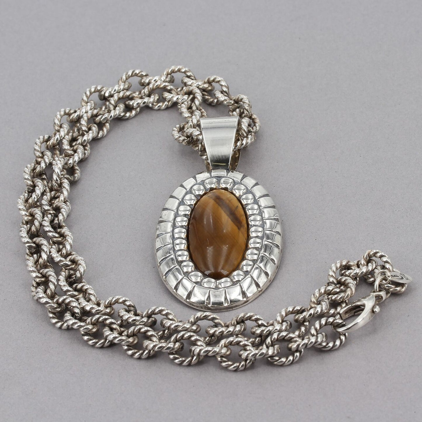 Carolyn Pollack Heavy Sterling Cable Link Chain Necklace with Tigers Eye Pendant