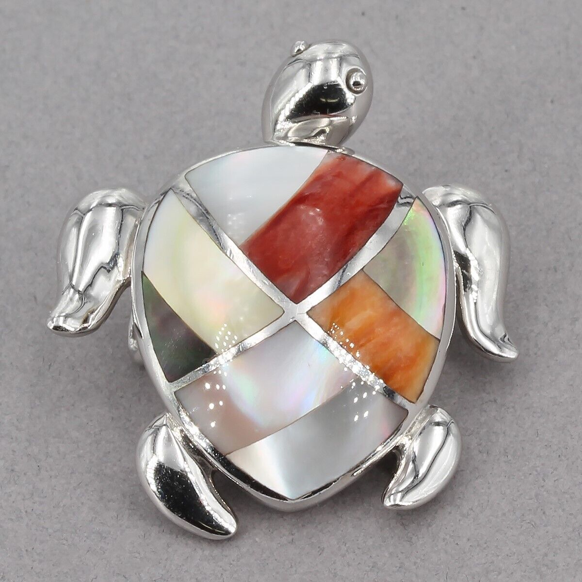 Sterling Silver Mother of Pearl & Spiny Oyster Shell Inlay Turtle Slide Pendant