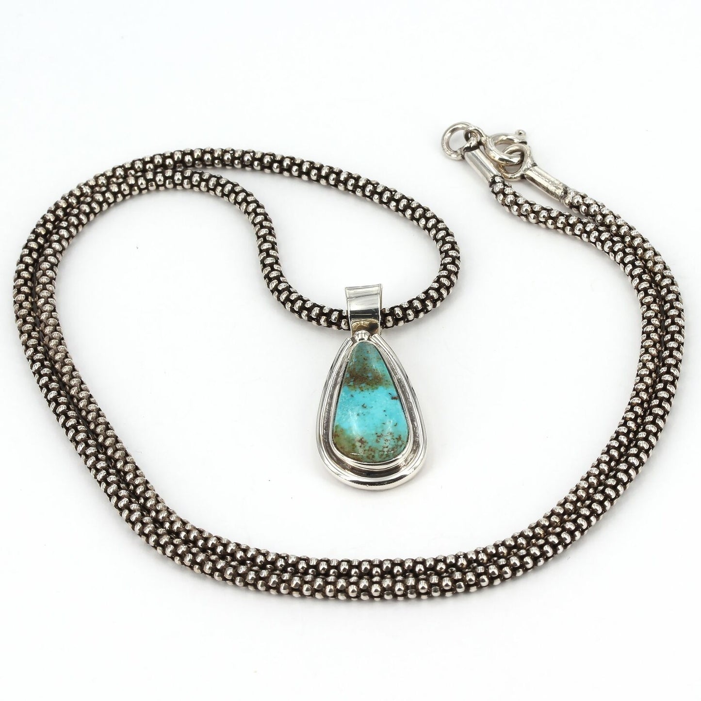 Sterling Silver Turquoise Teardrop Pendant 21" Popcorn Chain Necklace