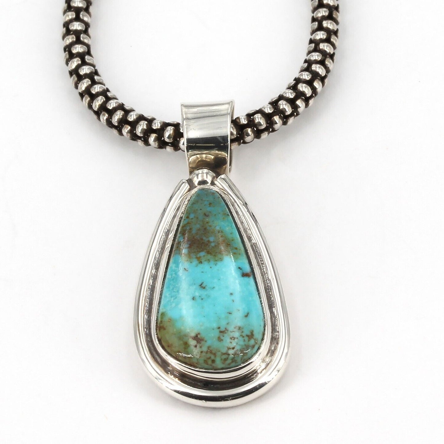 Sterling Silver Turquoise Teardrop Pendant 21" Popcorn Chain Necklace