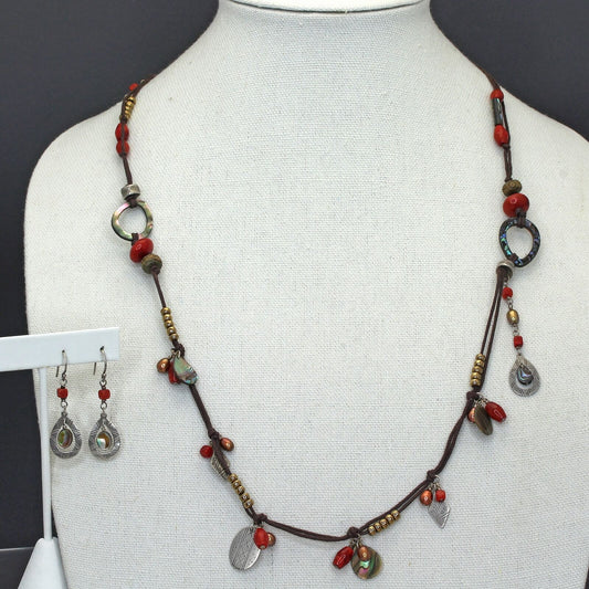 Retired Silpada Sterling Brass Abalone Coral Necklace & Earrings Set N2116 W2168