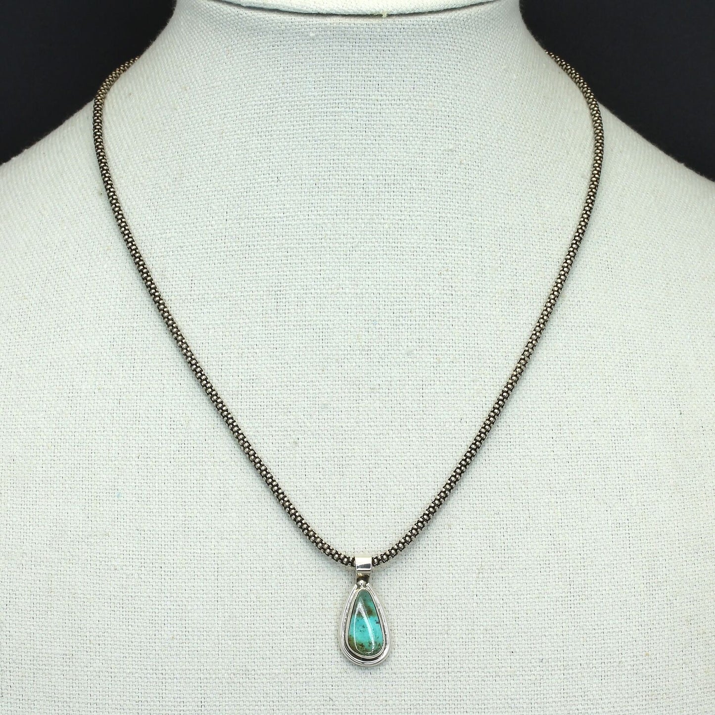 Sterling Silver Turquoise Teardrop Pendant 21" Popcorn Chain Necklace