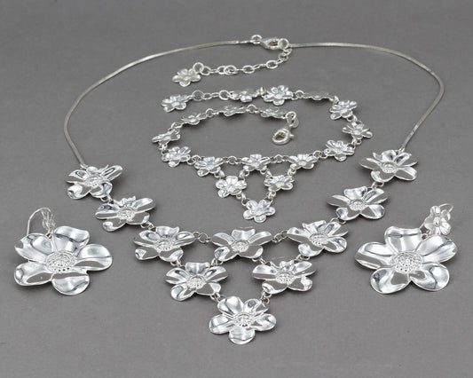 Paola Valentini Sterling Silver Flower Bib Necklace Anklet & Earrings Set