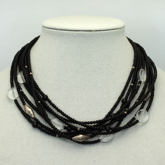 Retired Silpada Sterling Silver Black & Clear Glass Bead 8-Strand Necklace N1973