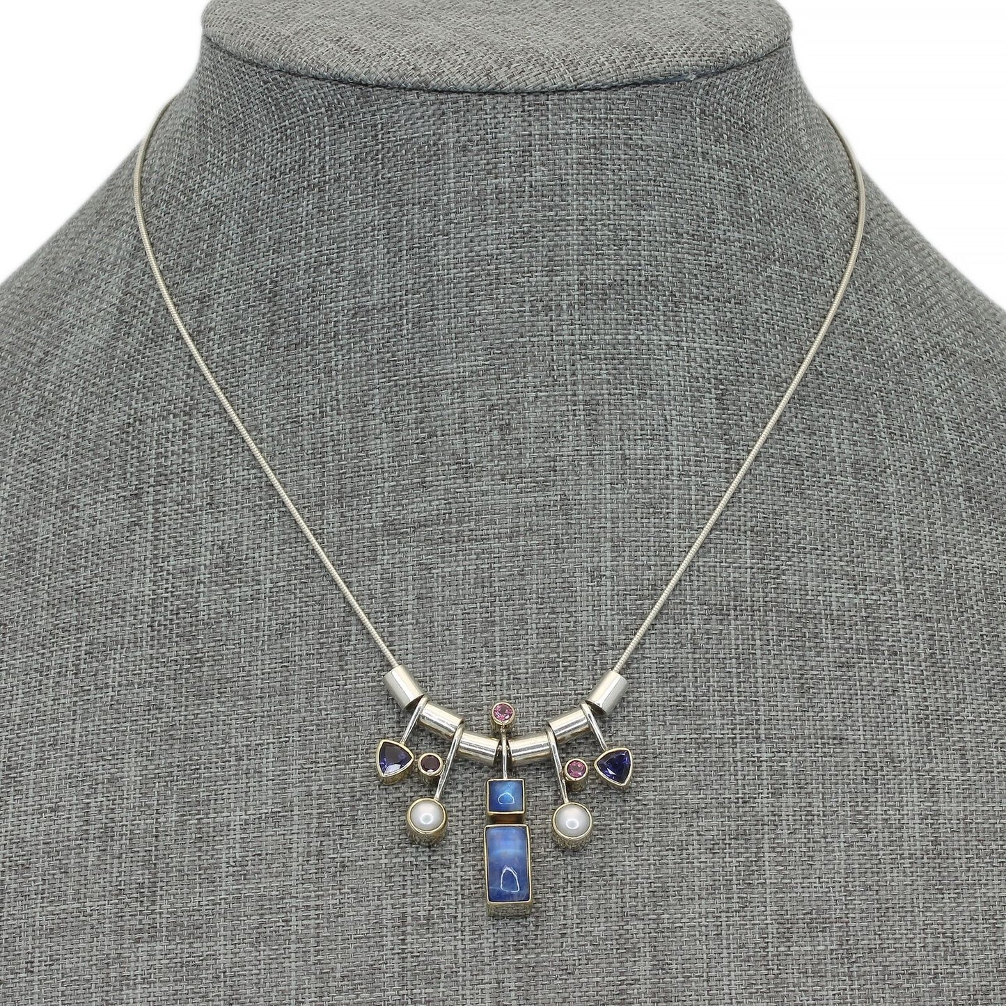 Sterling Labradorite Pink Tourmaline Tanzanite & Pearl Multi-Pendant Necklace