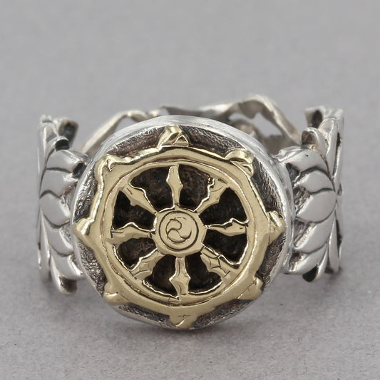 Unique Handcrafted Sterling Ring with Water Lilies and Gold Ship's Wheel Sz 5.75