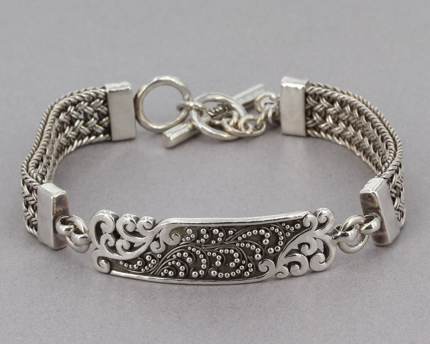 Lois Hill Oxidized Sterling Silver Granulated Scroll Thai Weave Toggle Bracelet