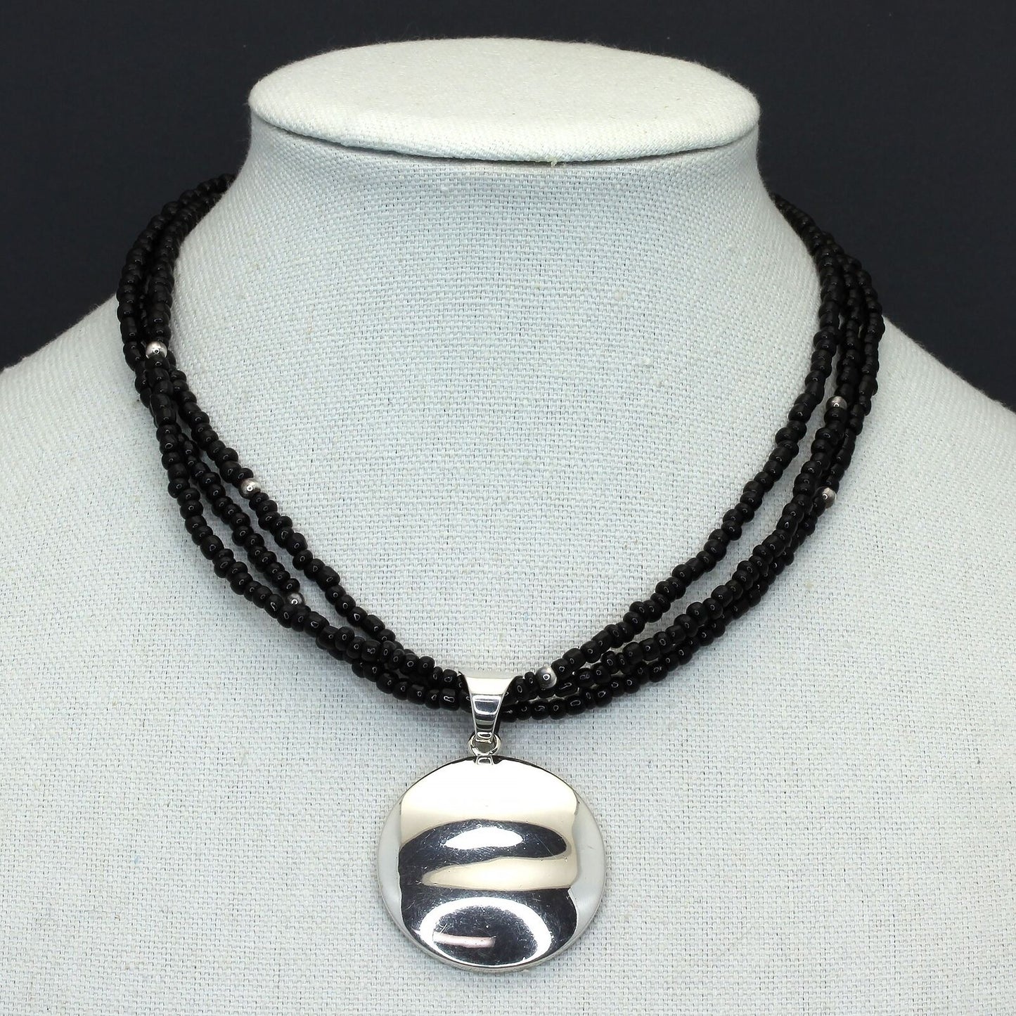 Retired Silpada Sterling Black Glass Bead Necklace Wavy Disc Pendant N1500 S1123