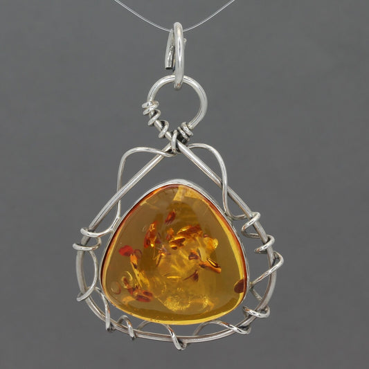 Vintage Artisan Handcrafted Sterling Silver Wire Wrapped Baltic Amber Pendant