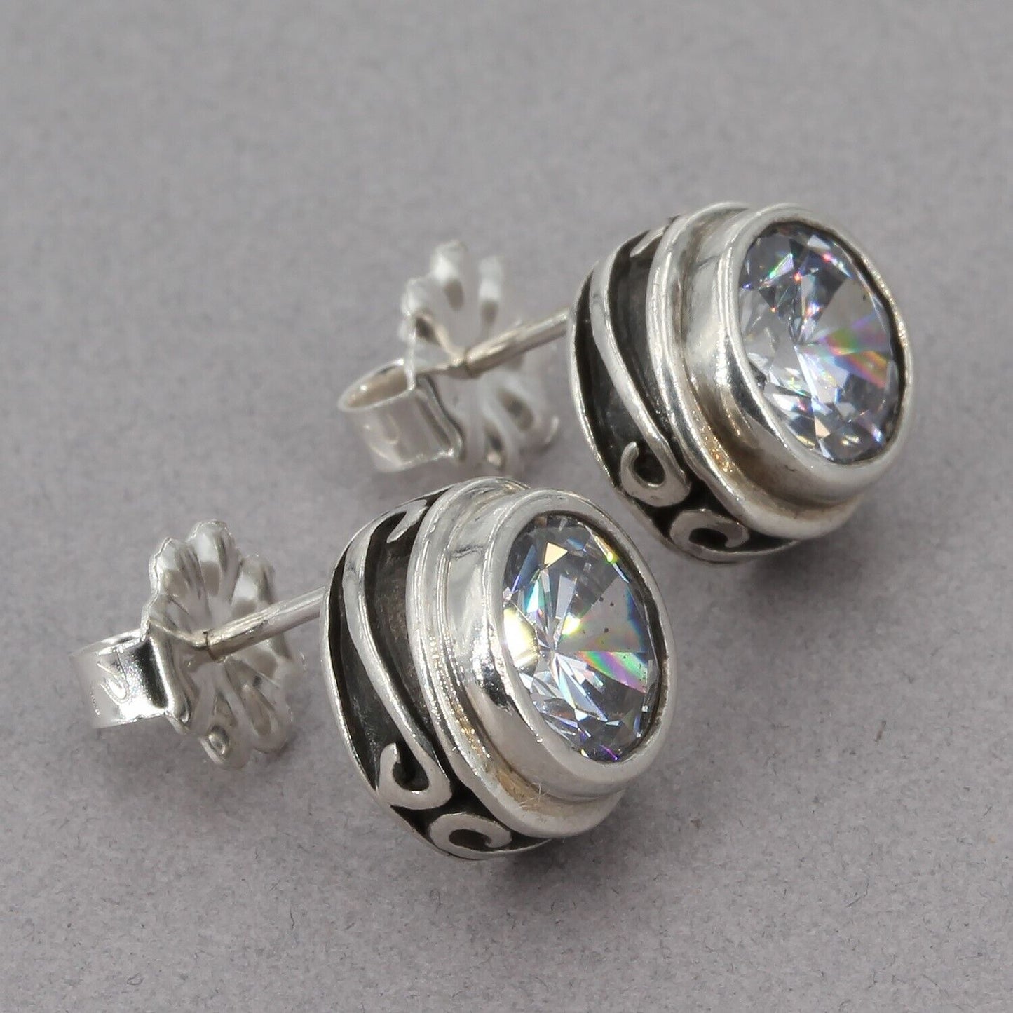 Vintage Silpada Sterling Silver Oxidized Scroll Bezel-Set CZ Stud Earrings P1232