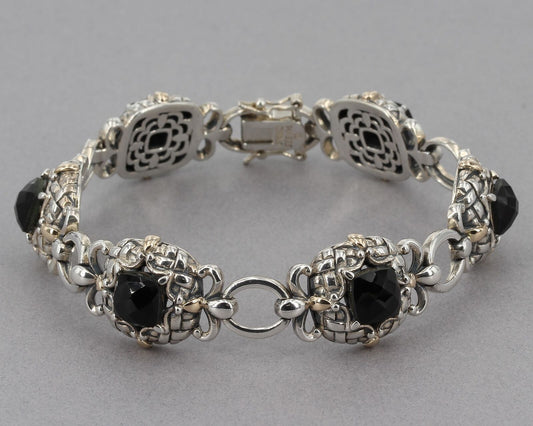 Sterling Silver & 14K Gold Faceted Cushion Cut Black Onyx Link Bracelet 34.4 g